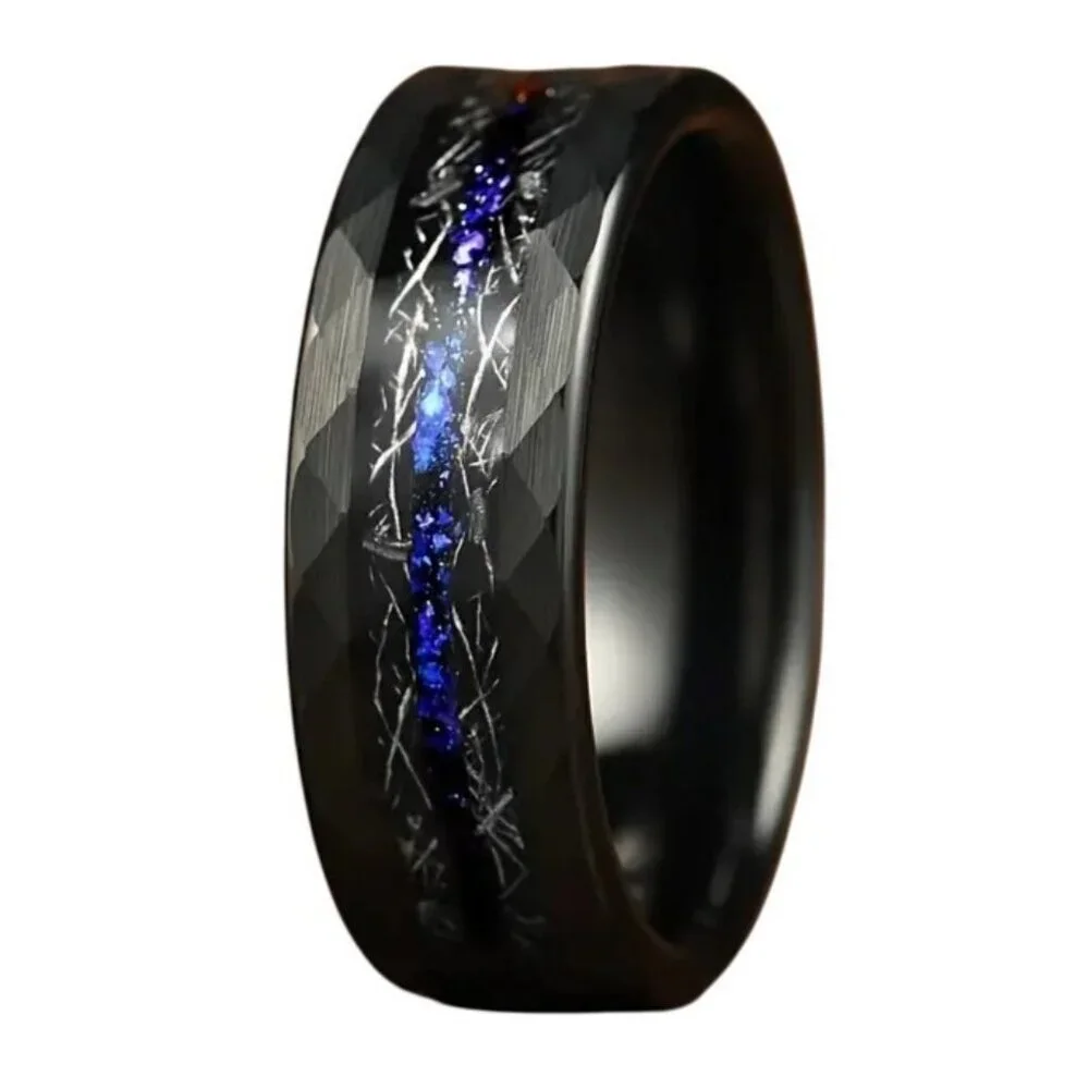 Tungsten Steel Matte Black  Hammered 8MM Double Beveled men's wedding ring